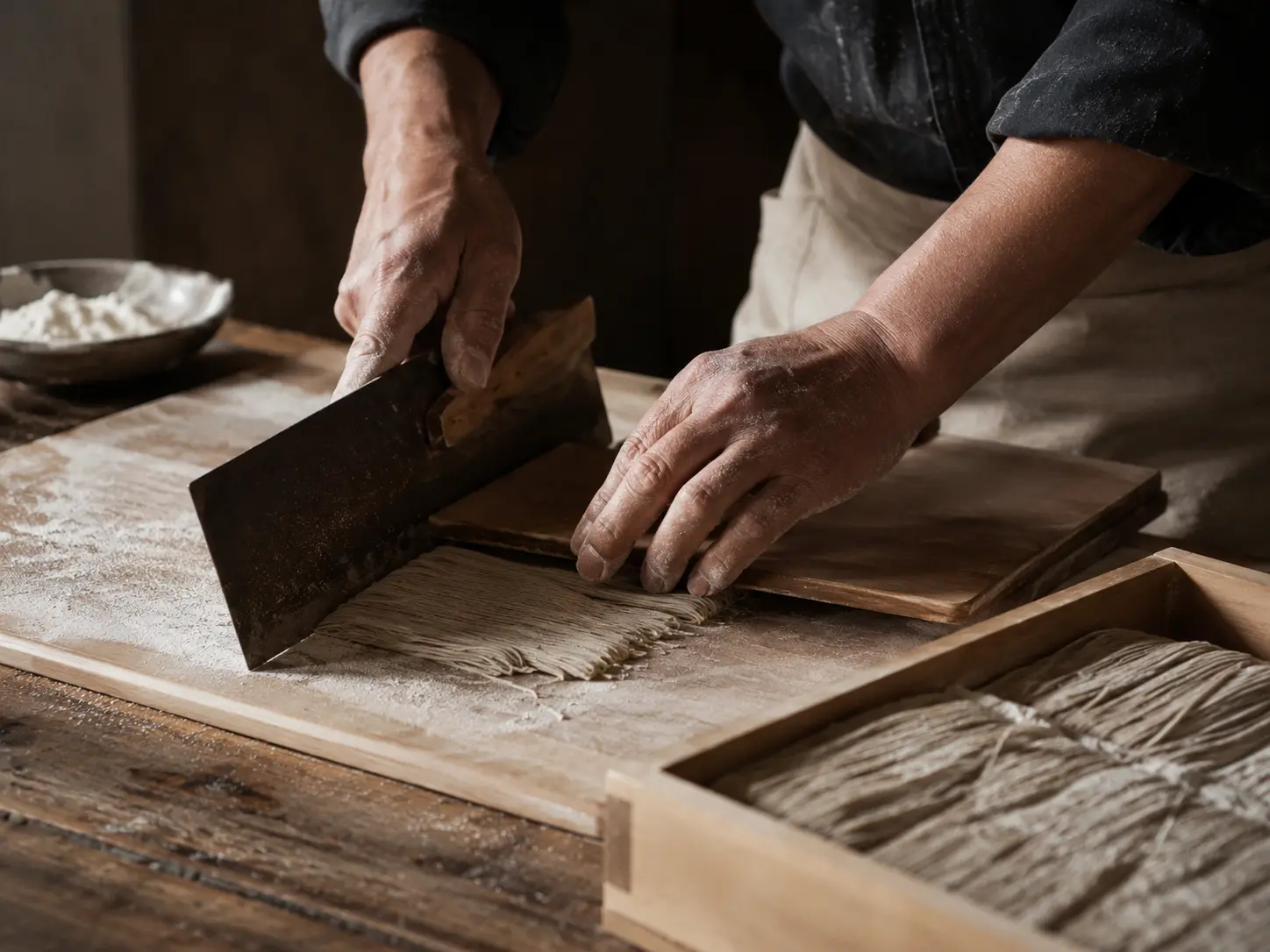 そばを手作業で仕込む職人の手元